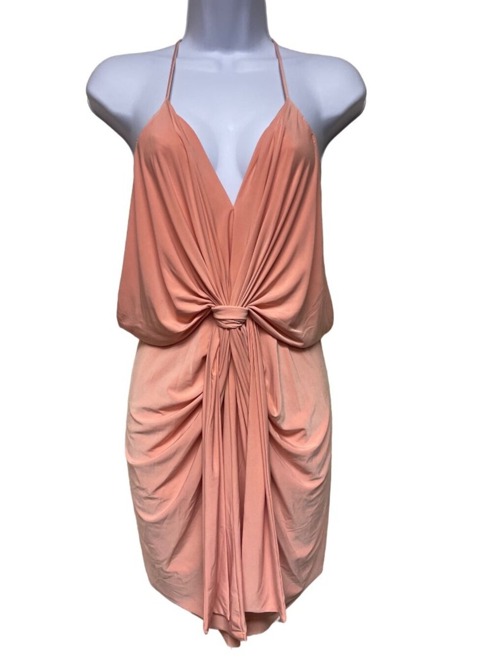 MISA Los Angeles Domino Dress Peach Apricot Draped Knot Front Midi Medium NWT